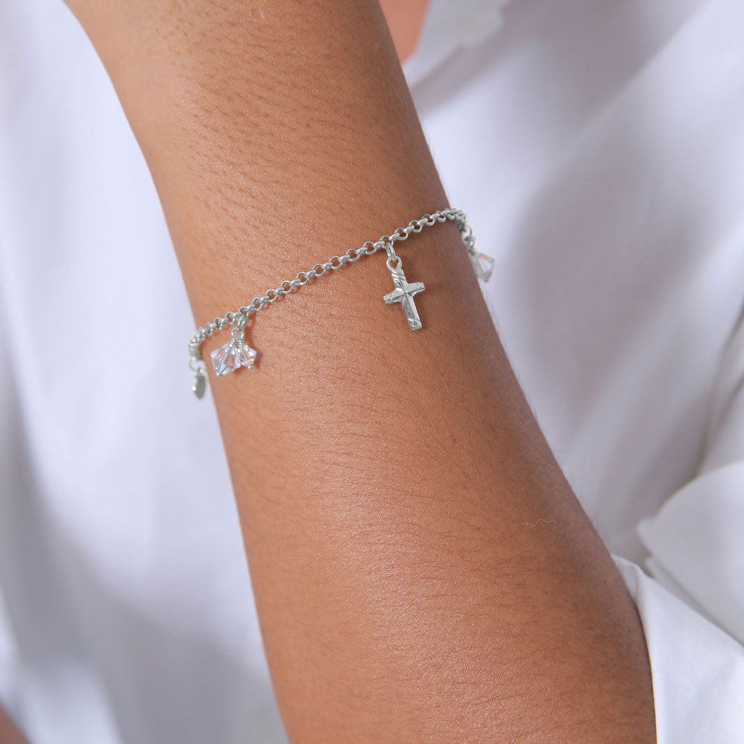 Silber - Elli | Bettelarmband Anker | Kristall ( Weiß ) | 925er Sterling Silber