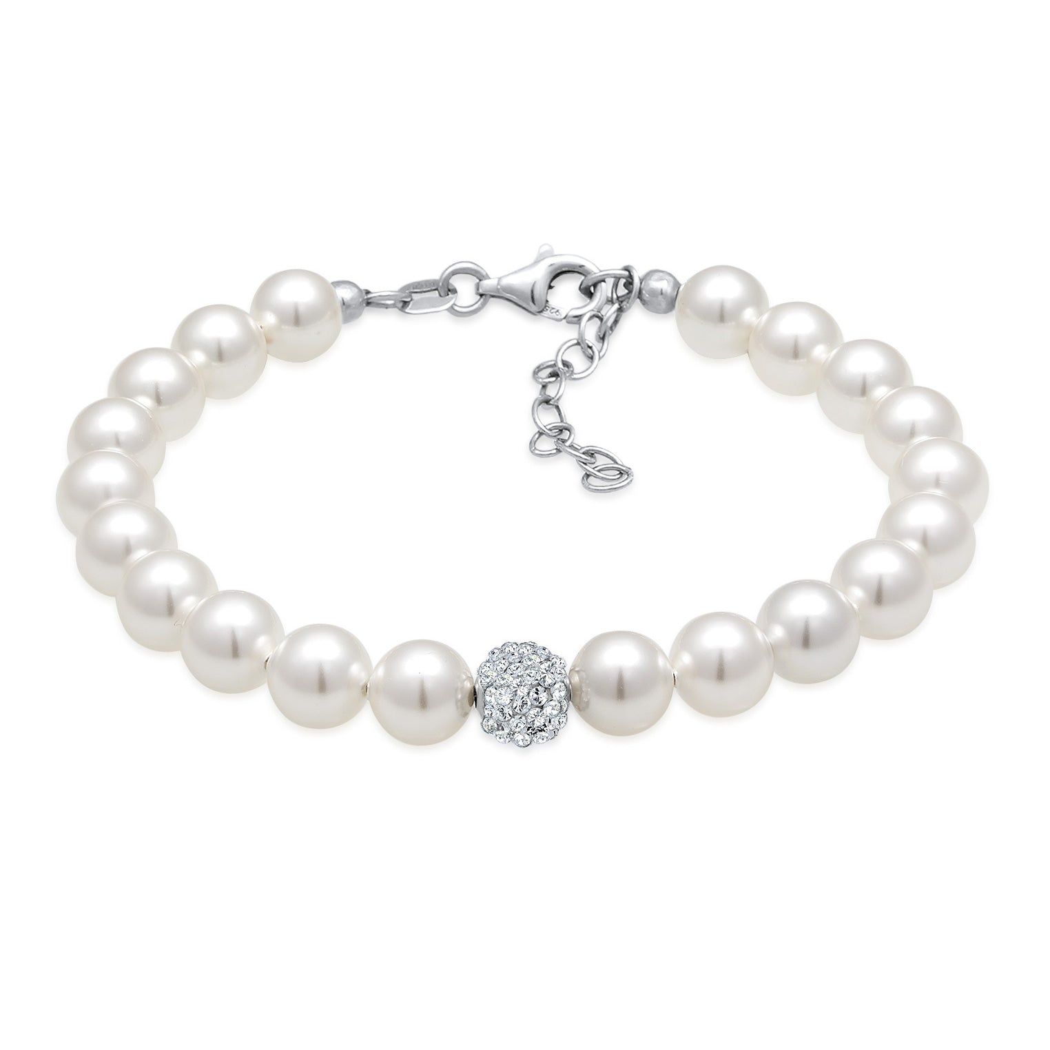 Silber - Elli | Perlen -Armband Kugel | Mit Kristallen von Swarovski® ( Weiß ) | 925er Sterling Silber