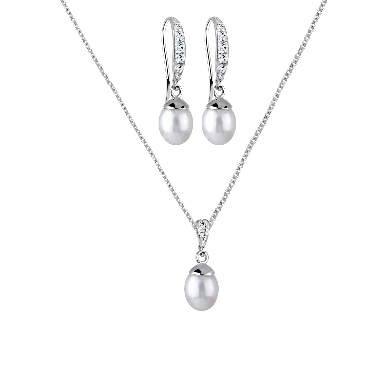 Silber - Elli | Schmuckset  | Süßwasserperle, Kristall ( Weiß ) | 925er Sterling Silber