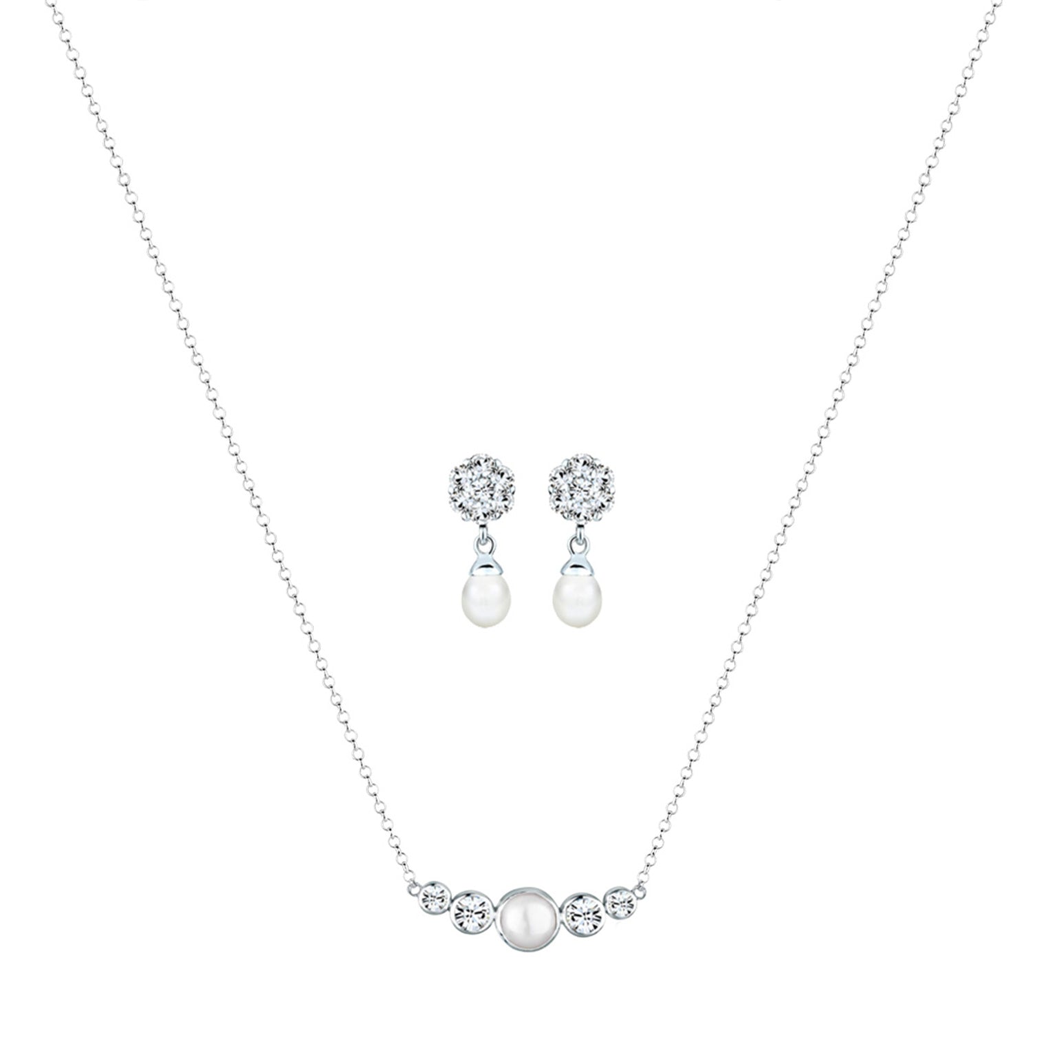 Silber - Elli PREMIUM | Schmuckset  Kugel | Süßwasserperle, Kristall ( Weiß ) | 925er Sterling Silber