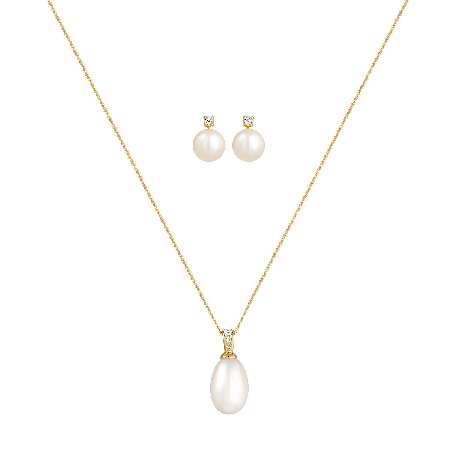 Gold - Elli DIAMONDS | Schmuckset  | Süßwasserperle, Diamant ( Weiß, 0,11 ct ) | 585 Gelbgold