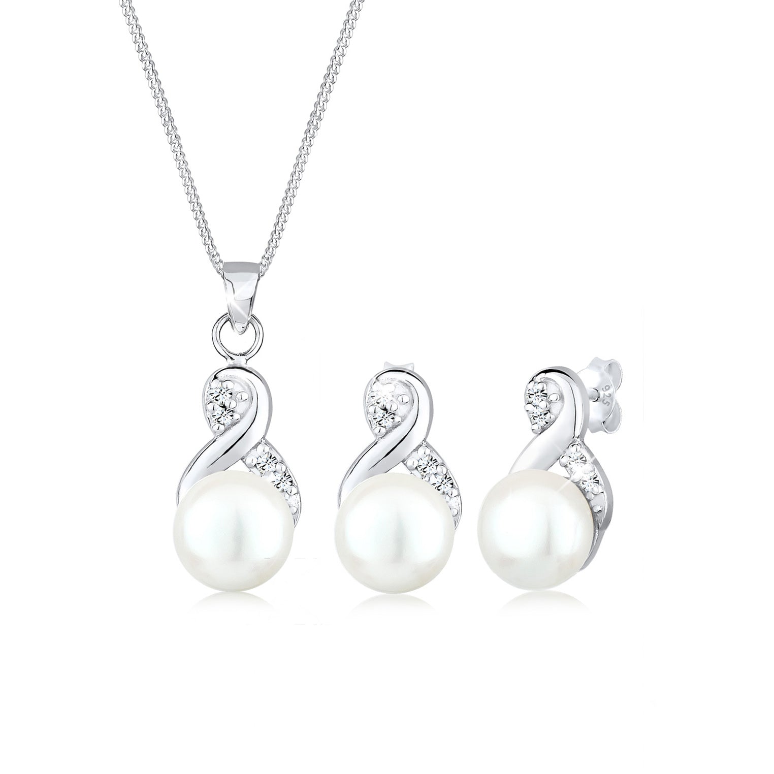 Silber - Elli | Schmuckset  Infinity | Süßwasserperle, Kristall ( Weiß ) | 925er Sterling Silber