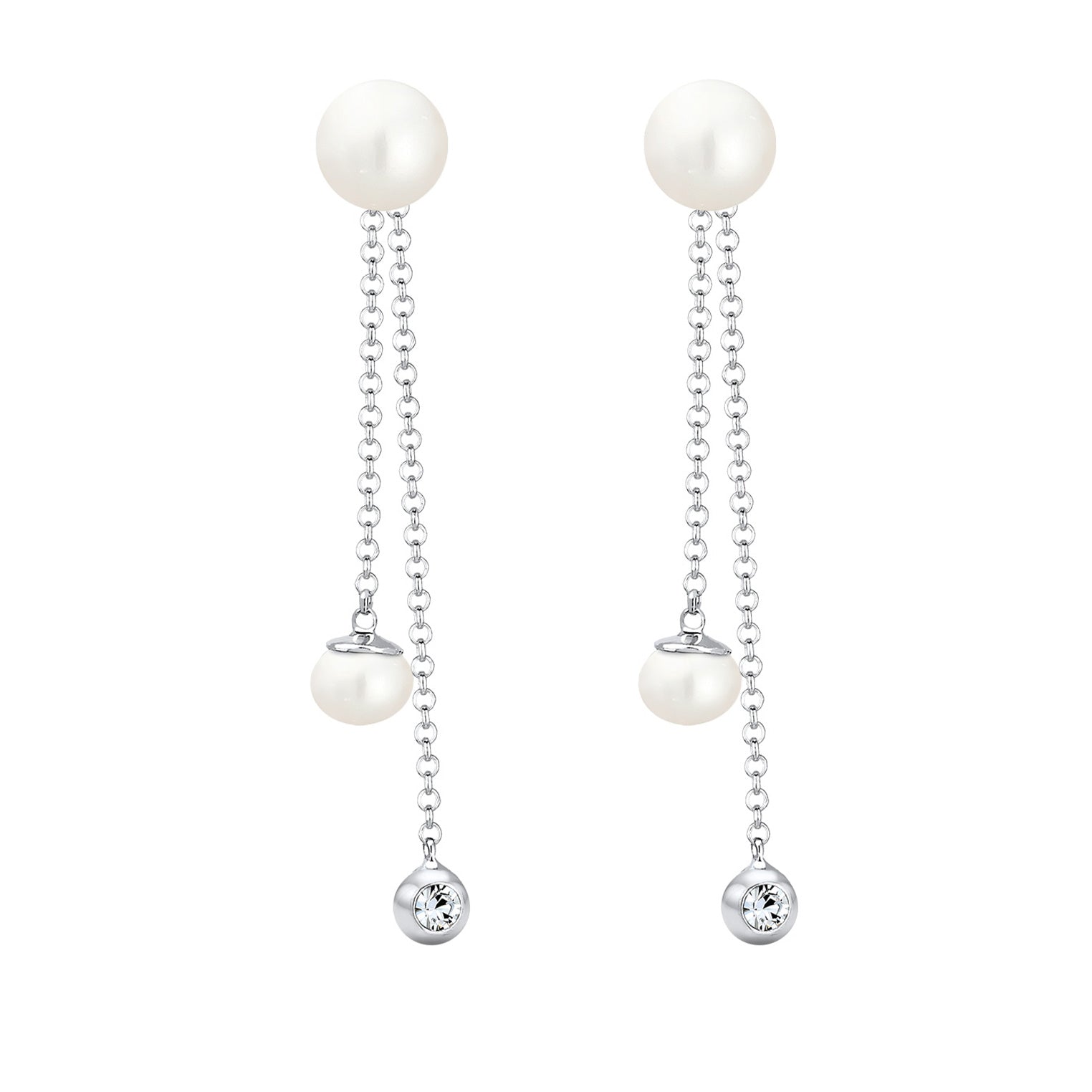 Silber - Elli | Ohrhänger Ear Chain | Süßwasserperle, Kristall ( Weiß ) | 925er Sterling Silber
