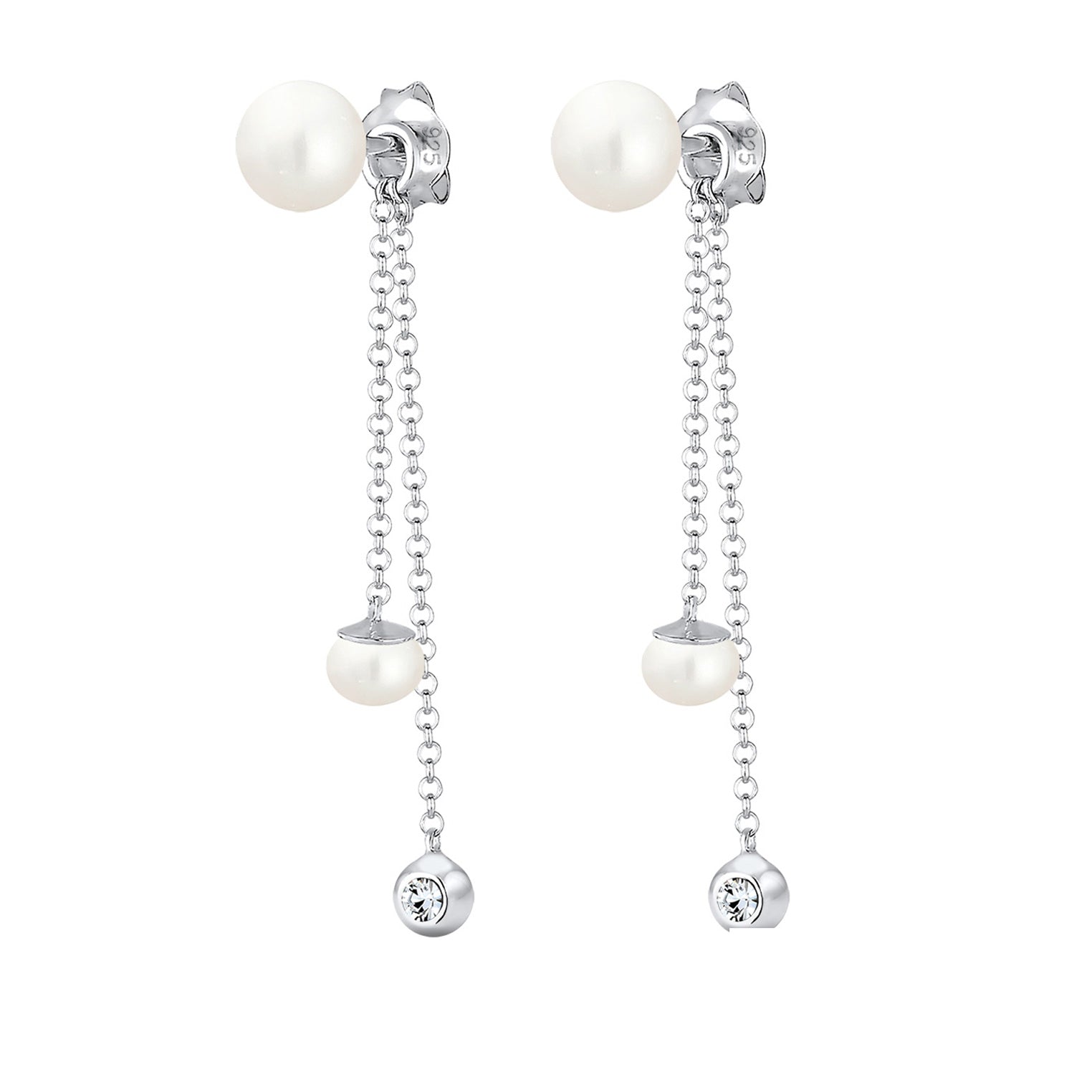 Silber - Elli | Ohrhänger Ear Chain | Süßwasserperle, Kristall ( Weiß ) | 925er Sterling Silber