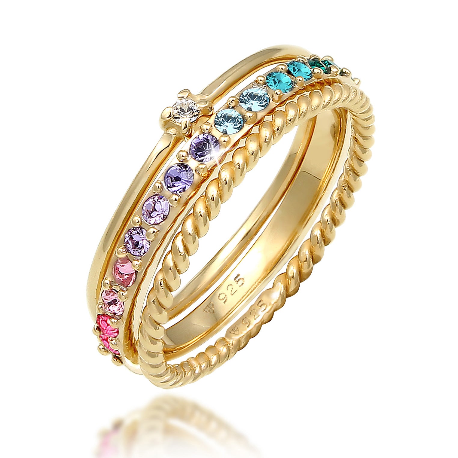 Gold - Elli | Ring 3er Set | Kristalle (bunt) | 925er Sterling Silber