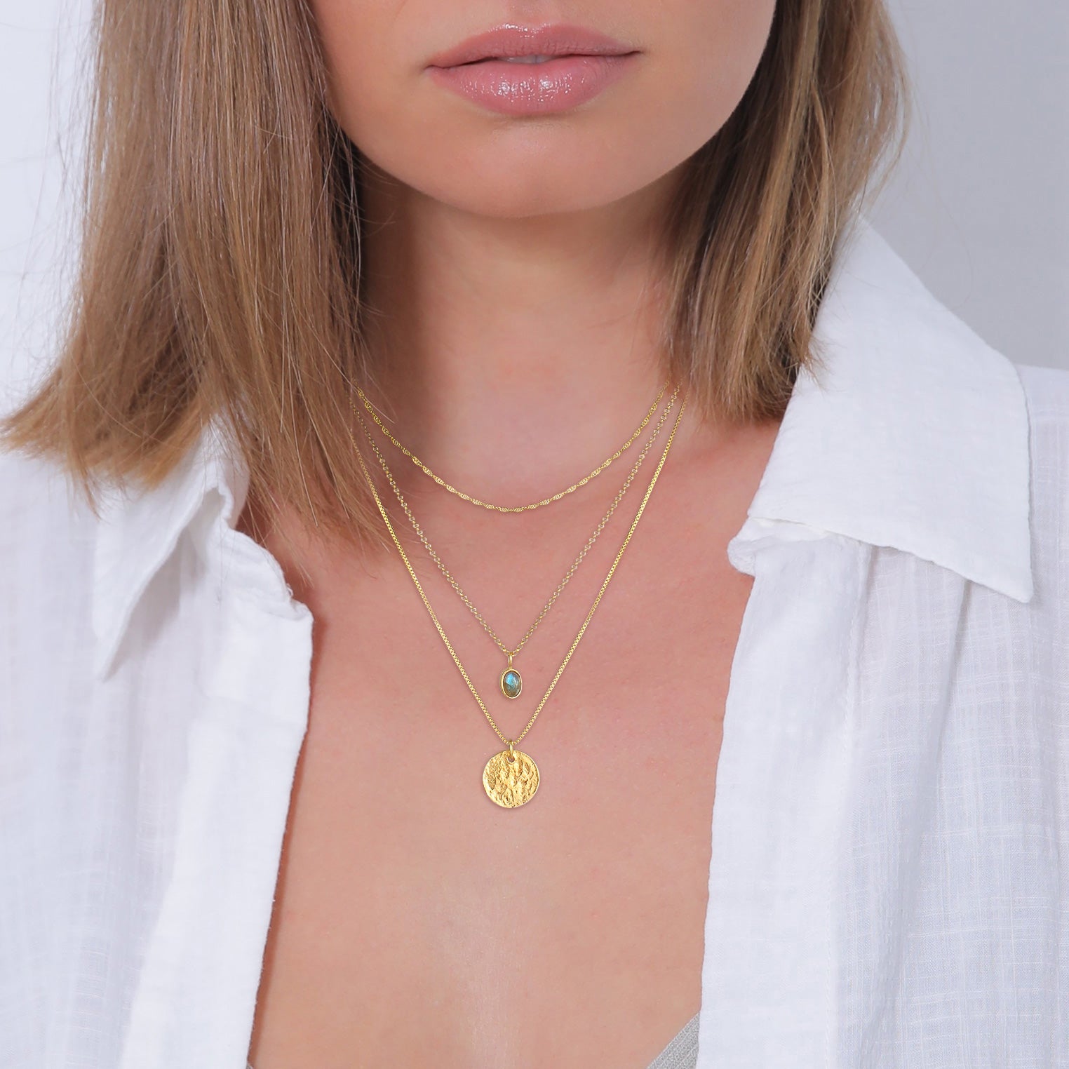 Gold - Elli PREMIUM | Layer-Halskette | Labradorit (Grau) | 925 Sterling Silber vergoldet