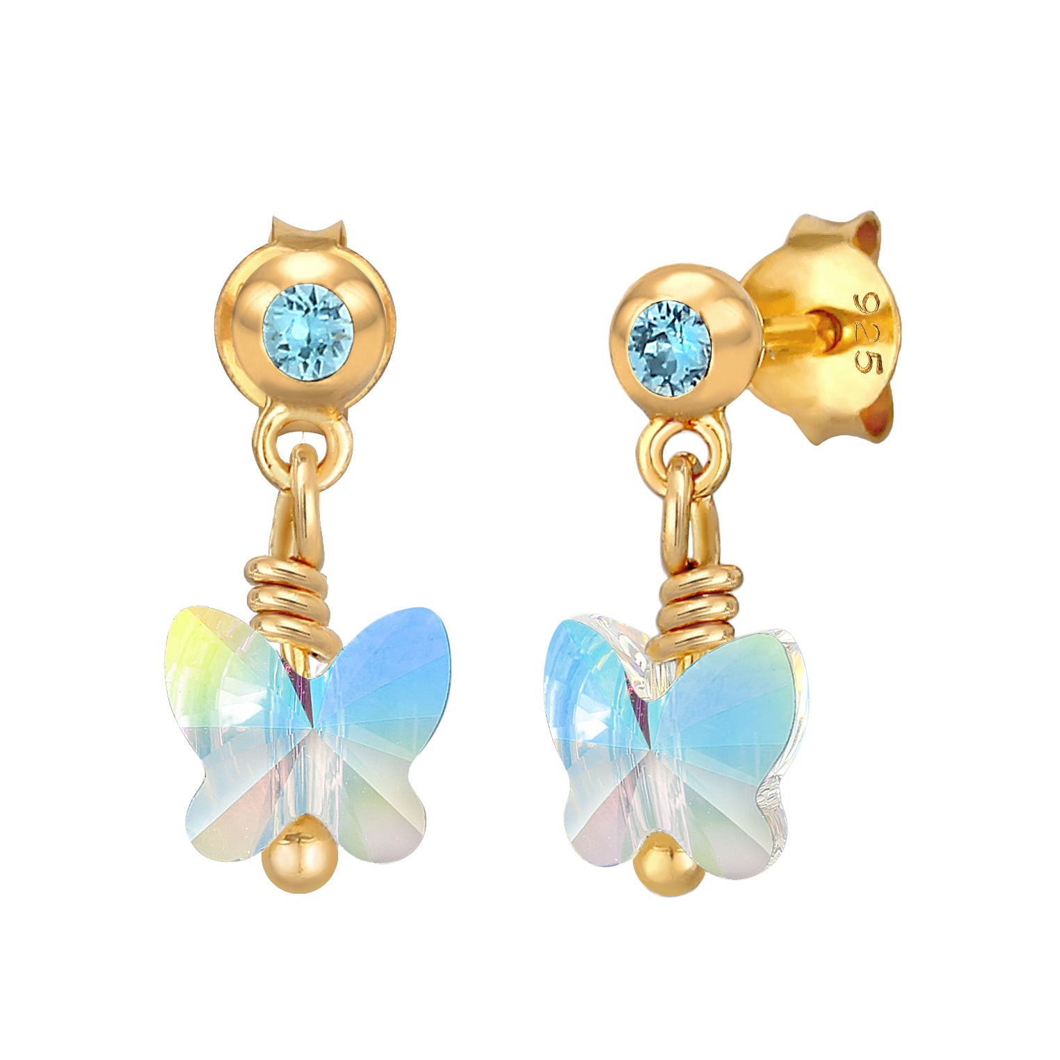 Blau - Elli | Ohrring Schmetterling | Kristall ( Weiß ) | 925 Sterling Silber vergoldet