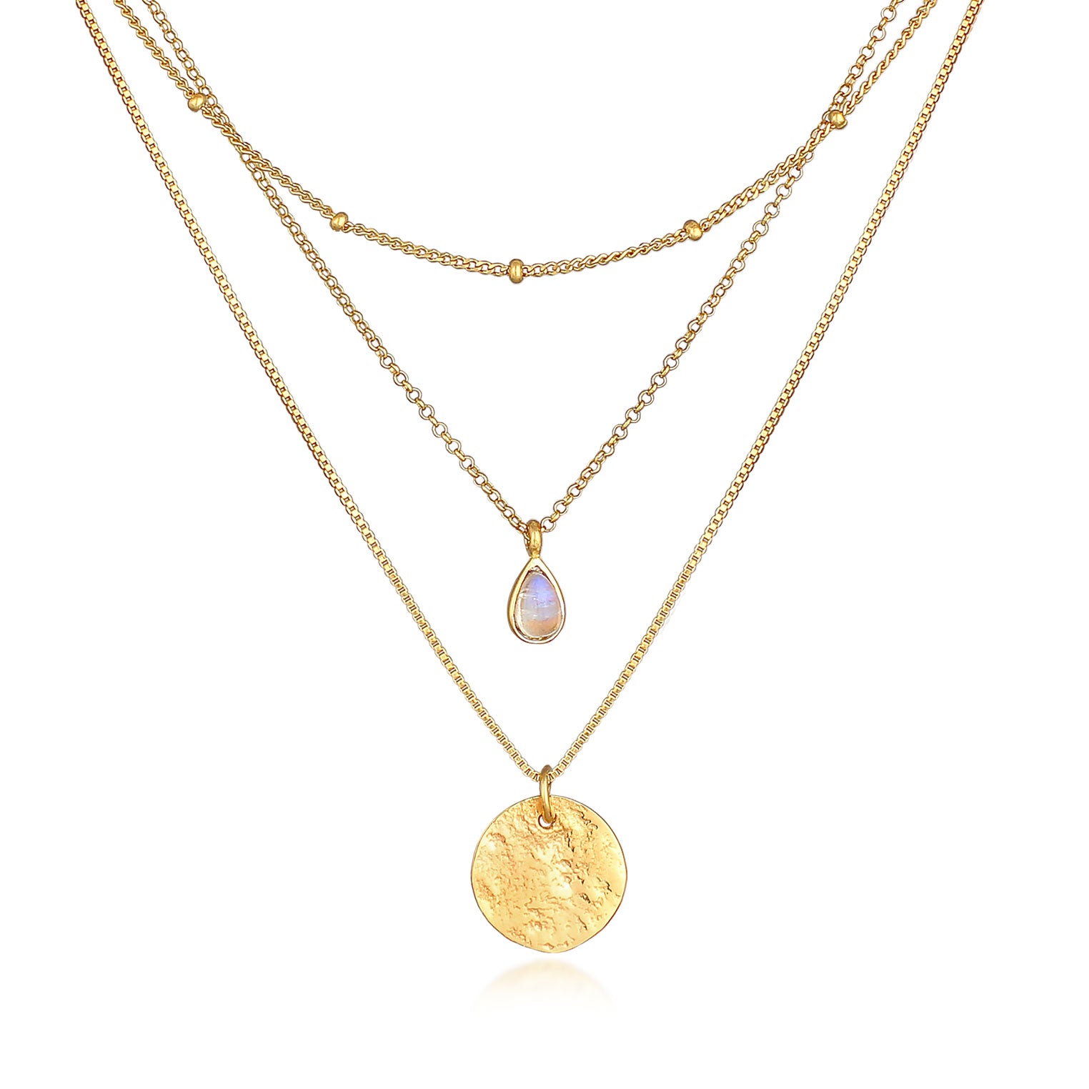 Gold - Elli PREMIUM | Venezianer-Layer-Halskette | Mondstein ( Weiß ) | 925 Sterling Silber vergoldet