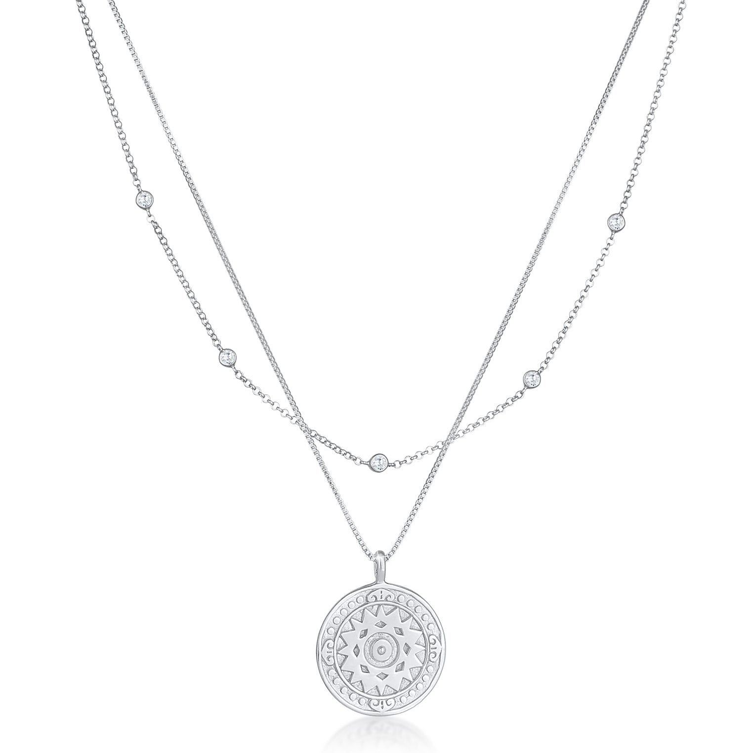 Silber - Elli | Layer-Halskette Münze | Zirkonia (weiß) | 925er Sterling Silber