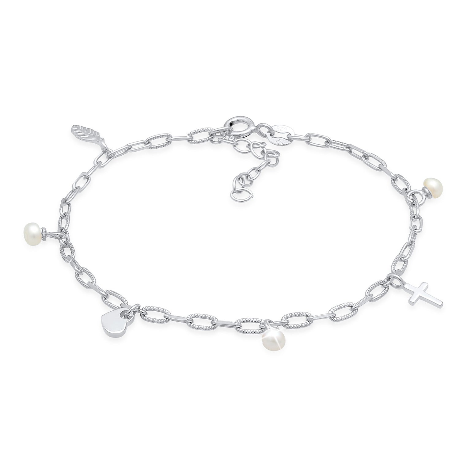 Silber - Elli | Armband Kreuz Feder Herz | Perle | 925er Sterling Silber