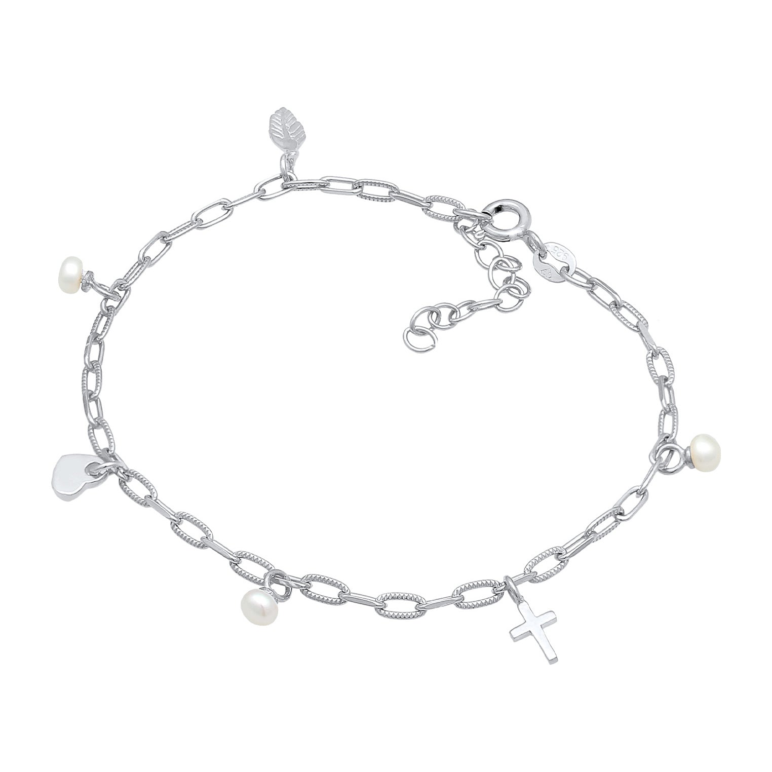 Silber - Elli | Armband Kreuz Feder Herz | Perle | 925er Sterling Silber