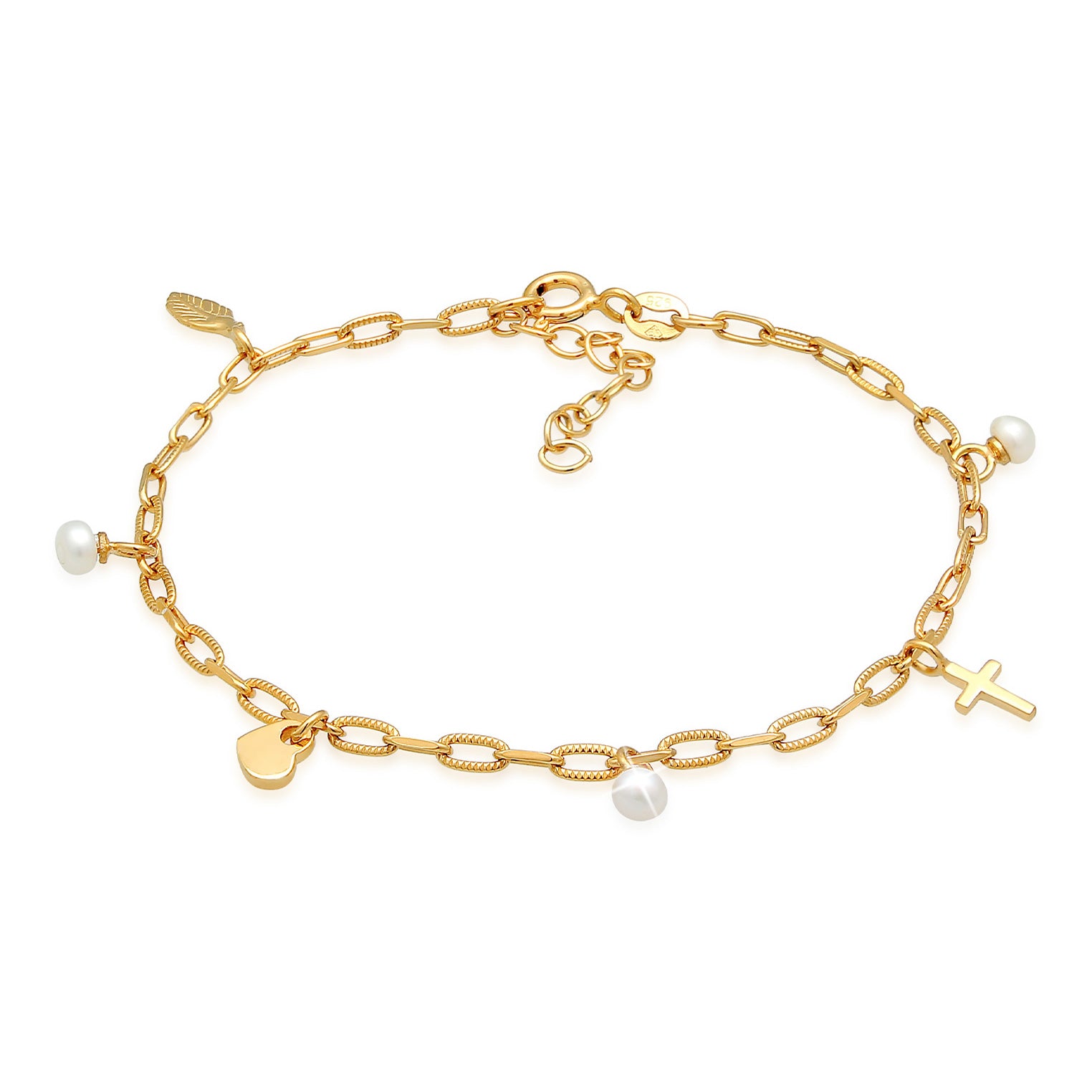 Gold - Elli | Armband Kreuz Feder Herz | Perle | 925er Sterling Silber