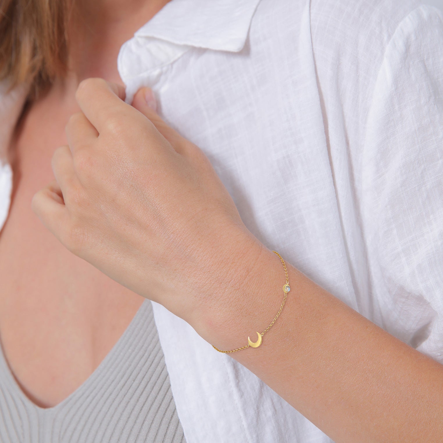 Gold - Elli PREMIUM | Armband Halbmond | Labradorit (Grau) | 375er Gelbgold