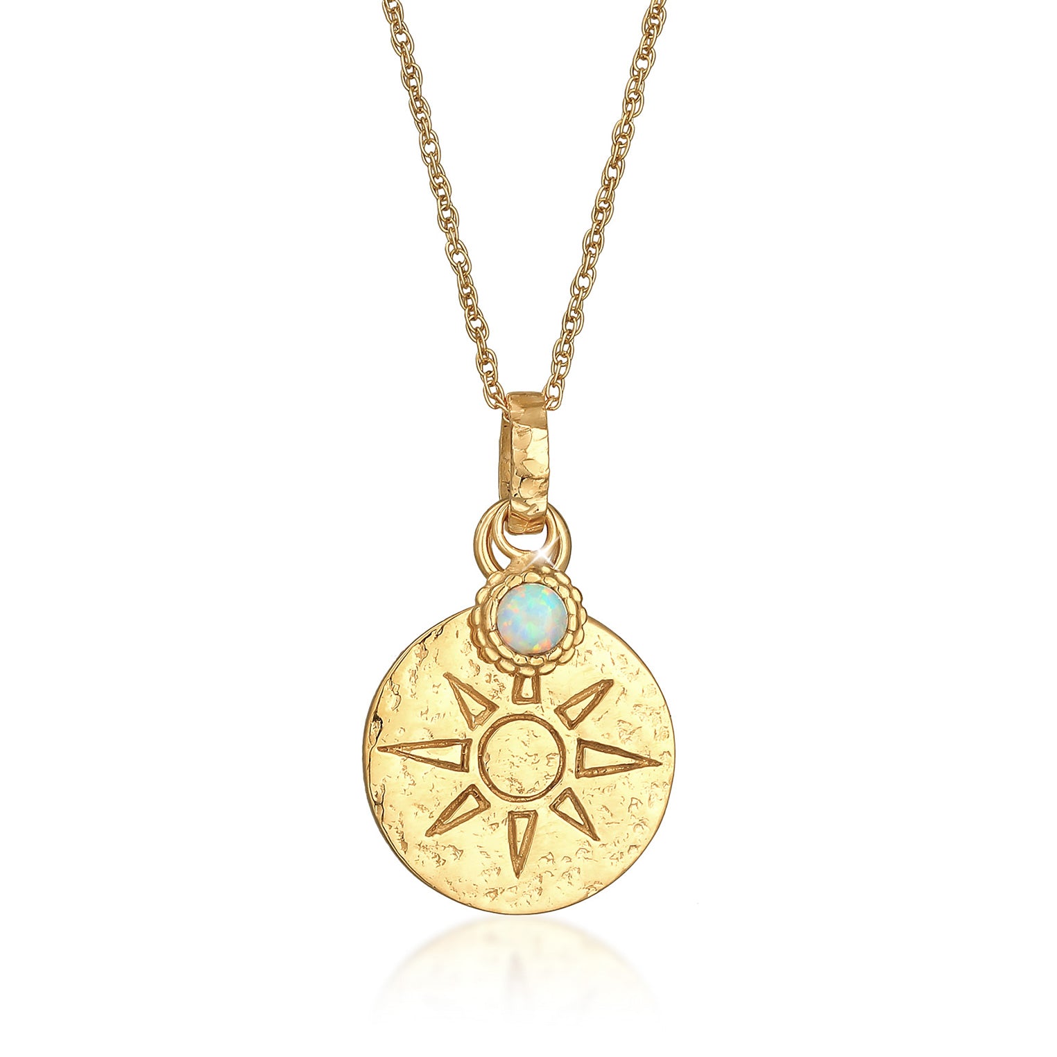 Gold - Elli | Halskette Plättchen Sonne | Synthetischer Opal ( Weiß ) | 925er Sterling Silber