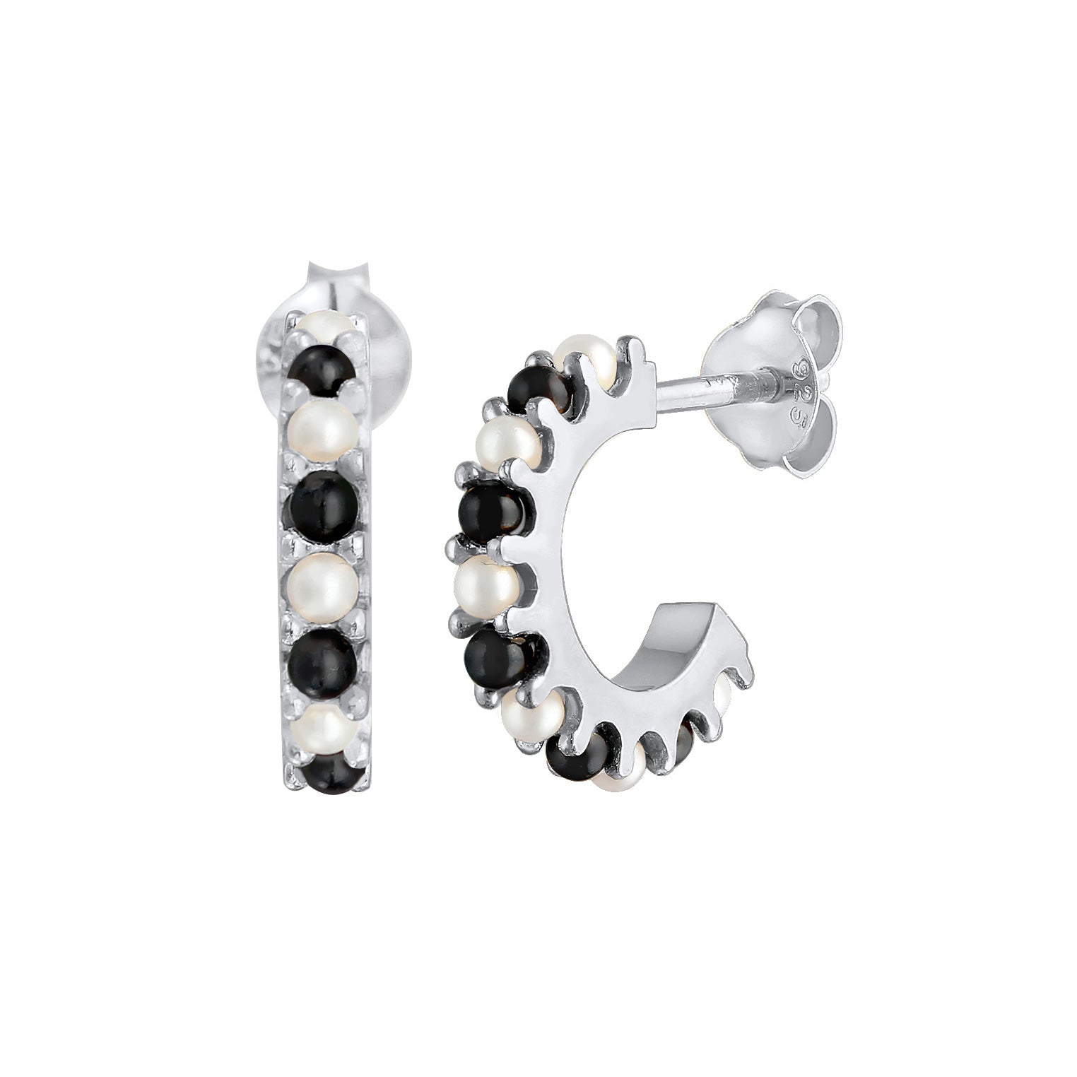 Silber - Elli | Creolen Schwarz-Weiß | synthetische Perle | 925er Sterling Silber