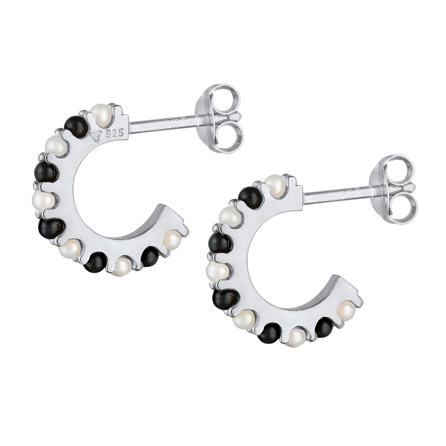 Silber - Elli | Creolen Schwarz-Weiß | synthetische Perle | 925er Sterling Silber