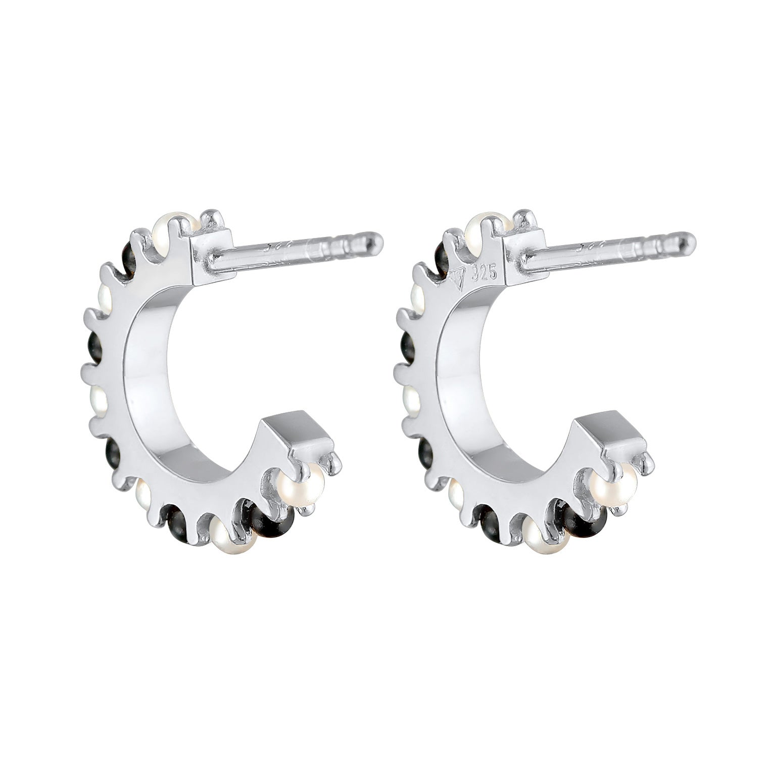 Silber - Elli | Creolen Schwarz-Weiß | synthetische Perle | 925er Sterling Silber