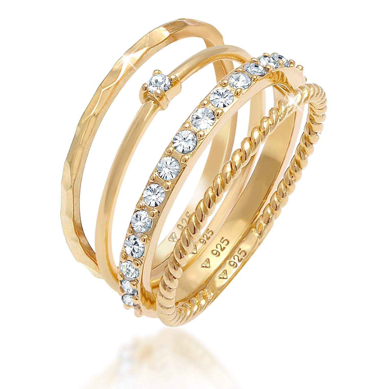 Gold - Elli | Stapelring 4er Set | Mit Kristallen von Swarovski® (Weiß) | 925er Sterling Silber