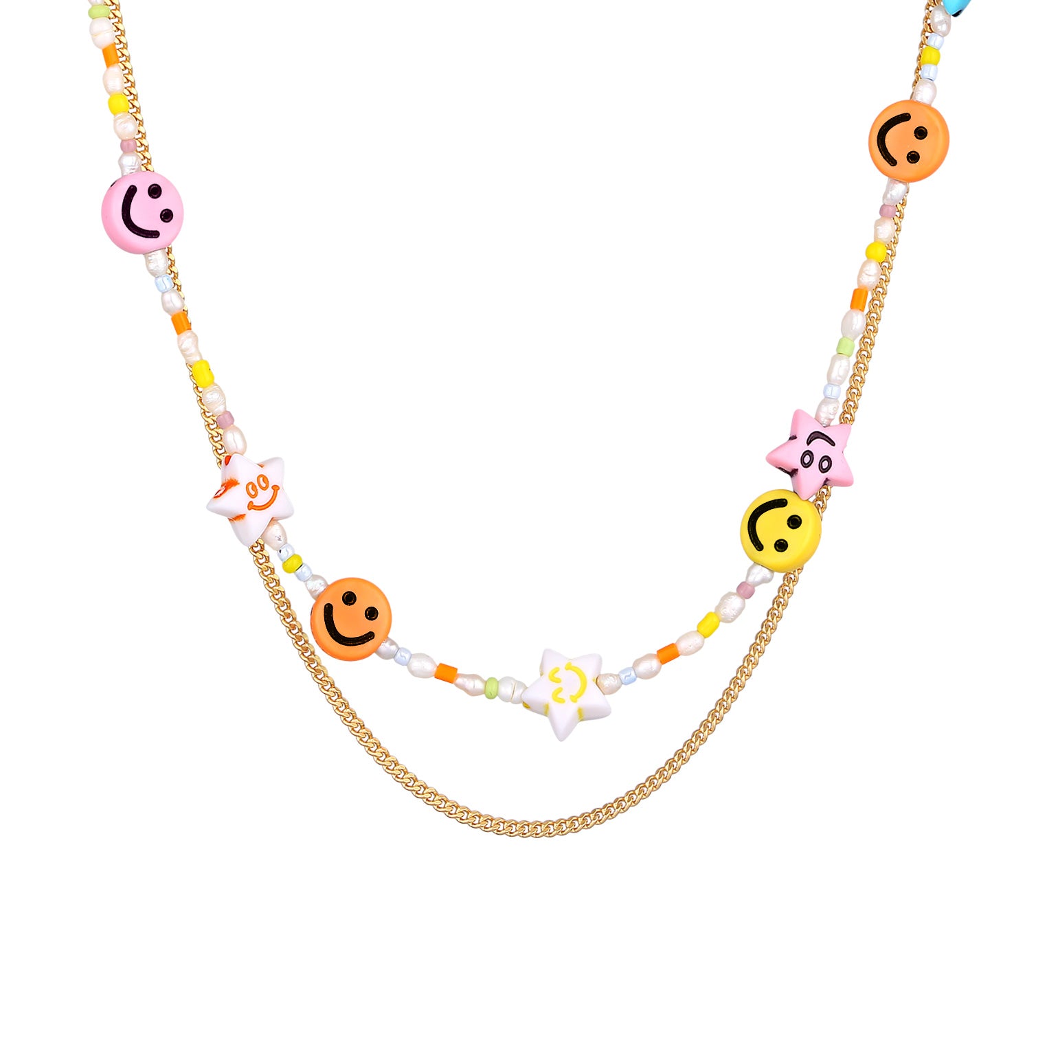 Gold - Elli | Layer-Halskette mit Smiling Face Beads | Süßwasserperlen | 925er Sterling Silber Vergoldet
