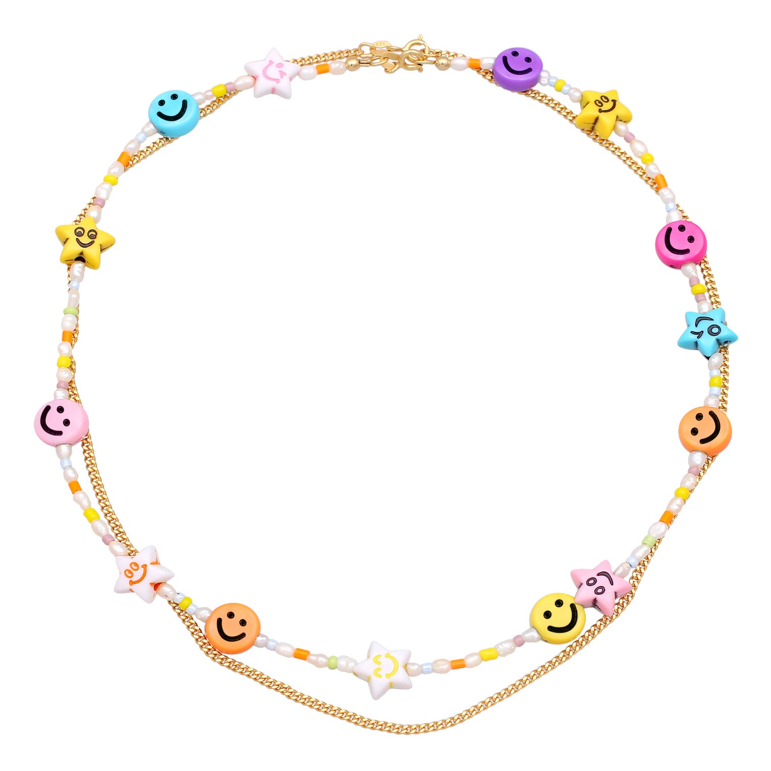 Gold - Elli | Layer-Halskette mit Smiling Face Beads | Süßwasserperlen | 925er Sterling Silber Vergoldet