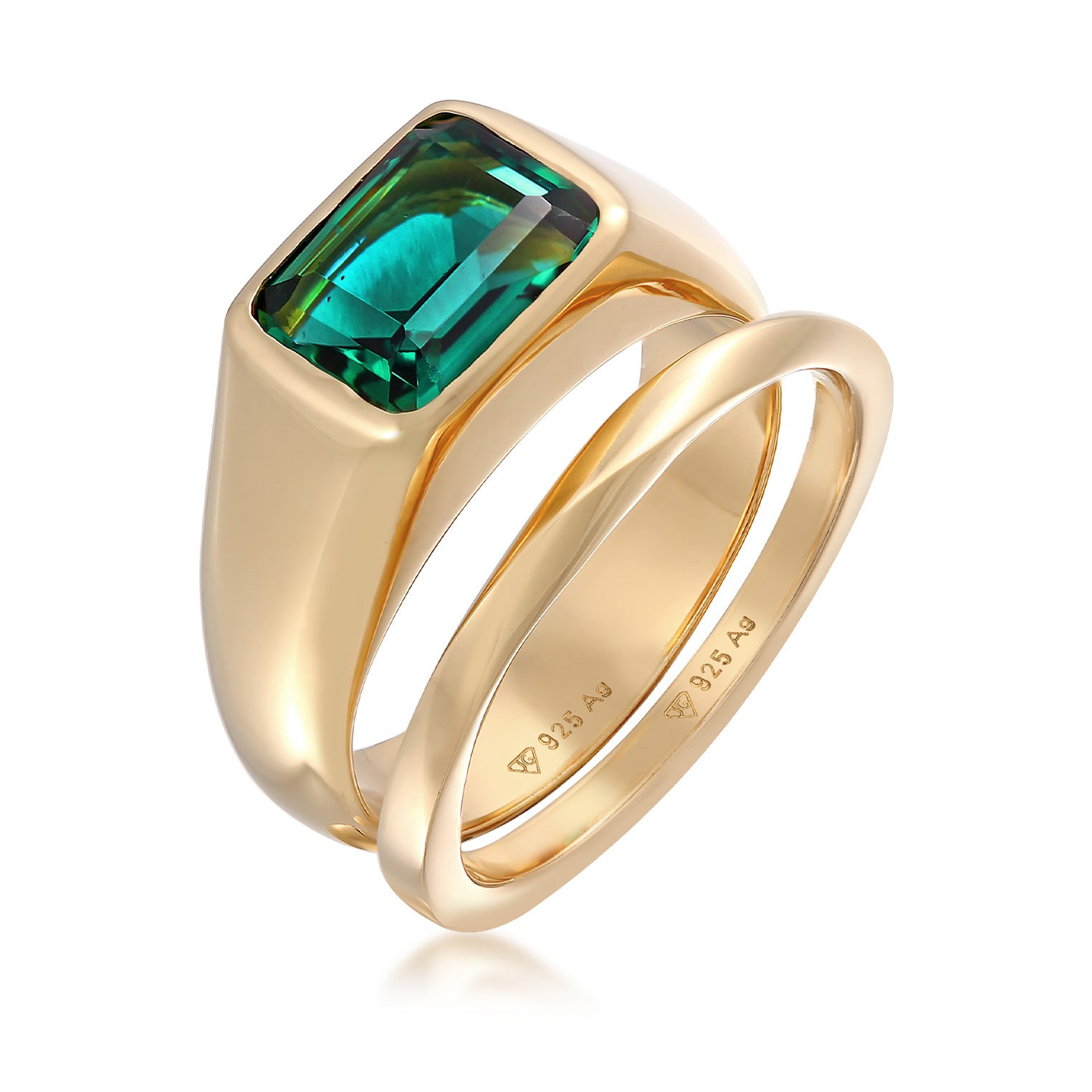 Gold - Elli PREMIUM | Siegelring Quadrat Set | Quartz (Grün) | 925er Sterling Silber