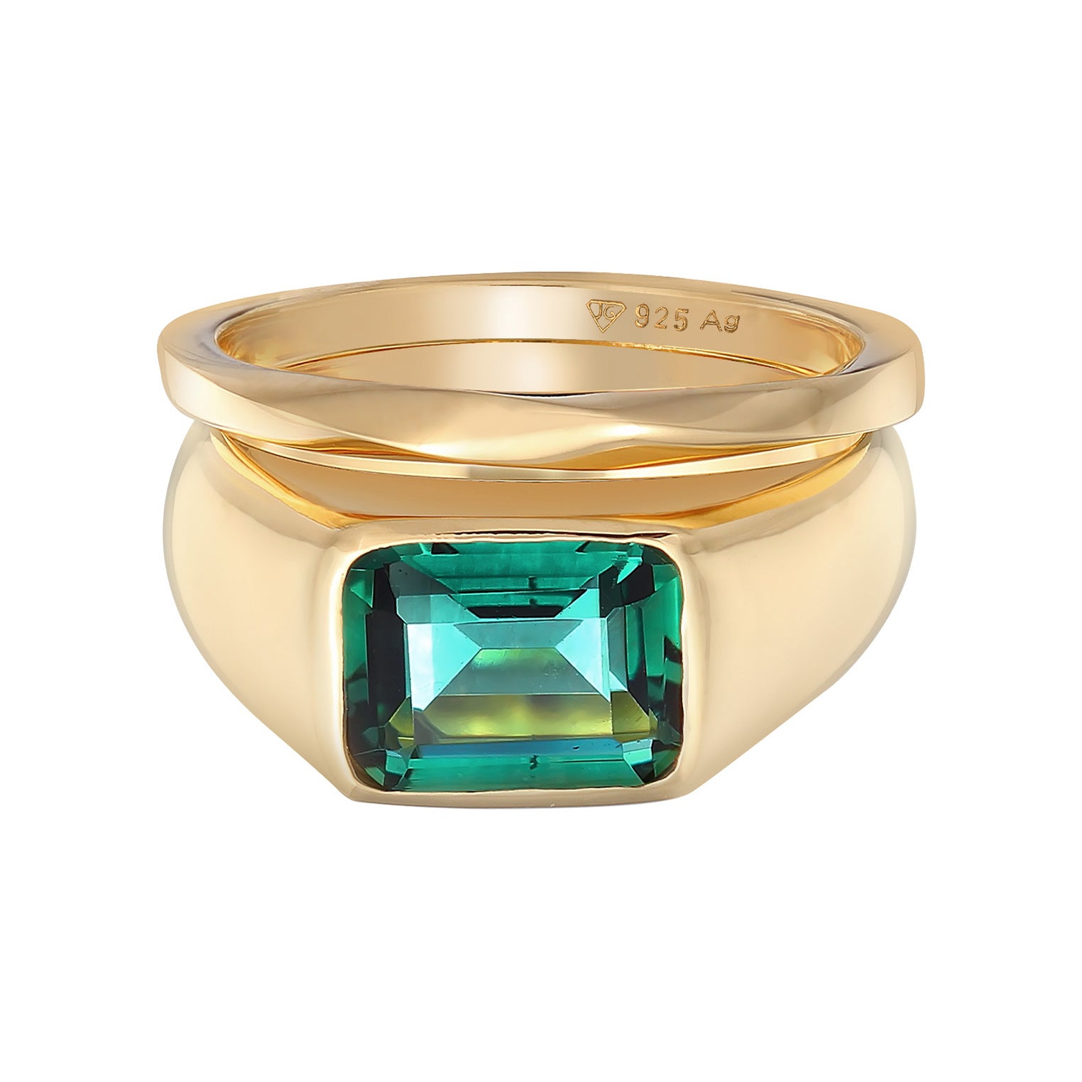 Gold - Elli PREMIUM | Siegelring Quadrat Set | Quartz (Grün) | 925er Sterling Silber
