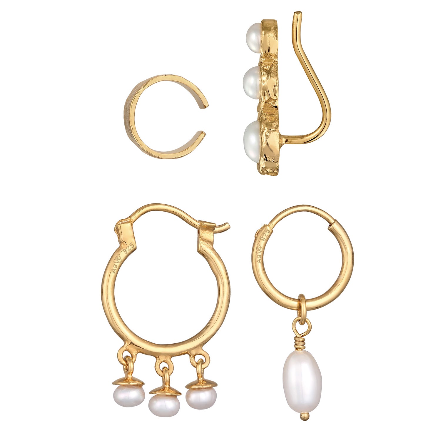 Gold - Elli | Ohrringset Organic | Süßwasserperlen | 925er Sterling Silber Vergoldet