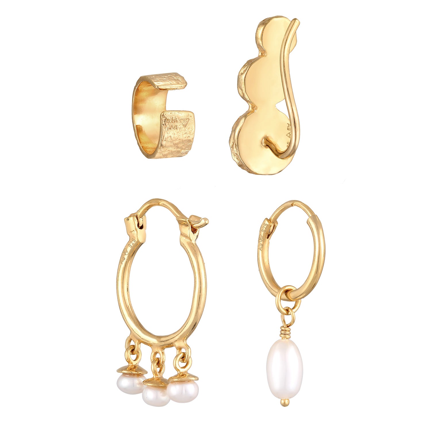 Gold - Elli | Ohrringset Organic | Süßwasserperlen | 925er Sterling Silber Vergoldet