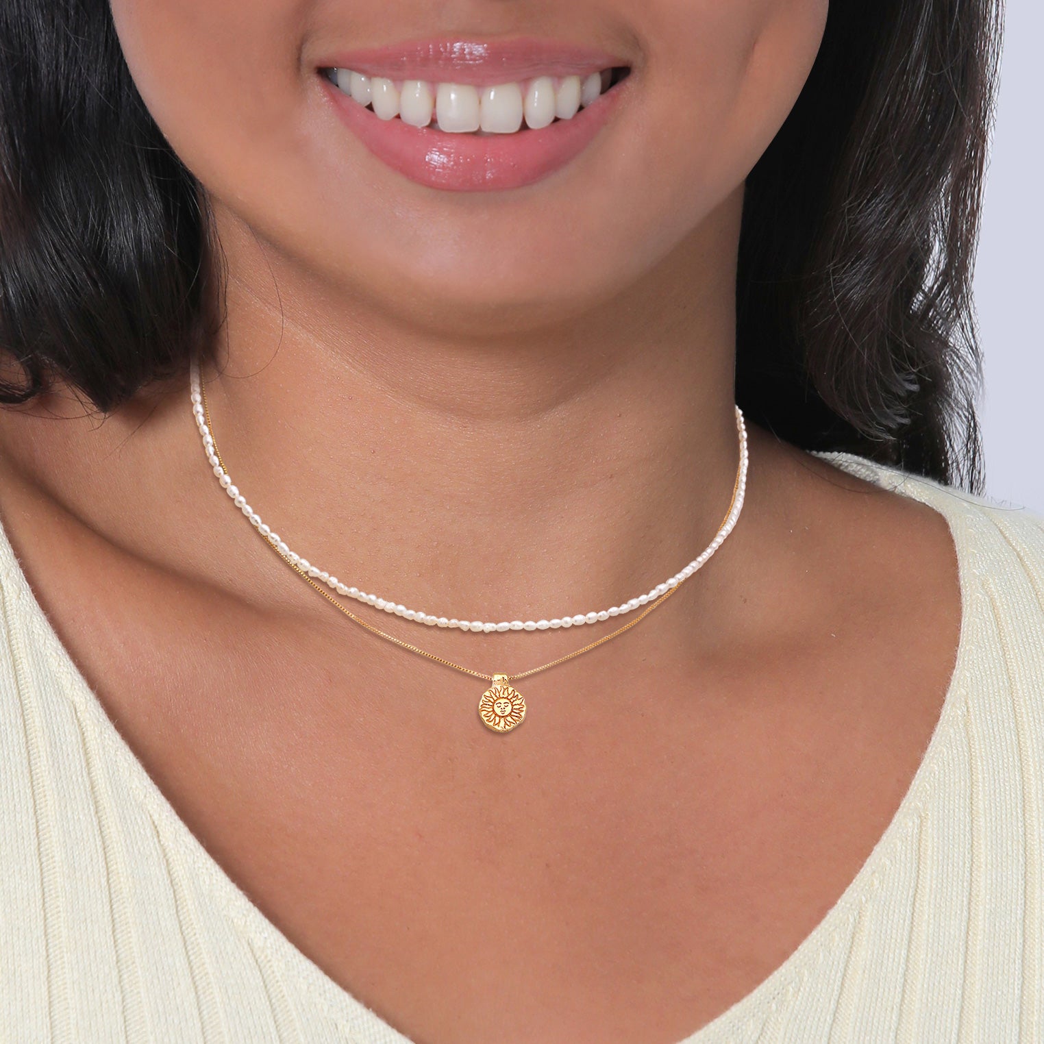 Gold - Elli PREMIUM | Choker Layer Sonne Süßwasserperlen 925 Silber