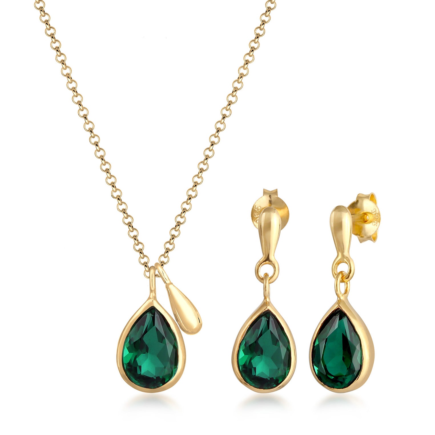 Gold - Elli PREMIUM | Schmuckset Tropfen | Quarz (Grün) | 925er Sterling Silber