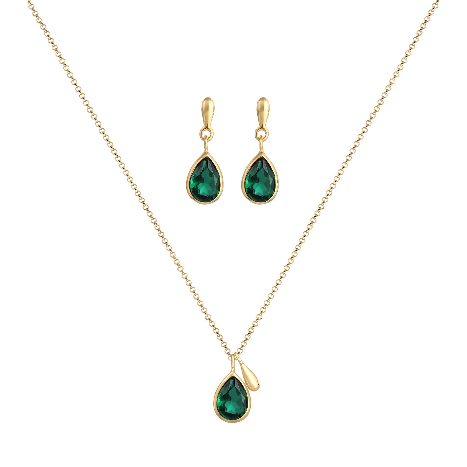Gold - Elli PREMIUM | Schmuckset Tropfen | Quarz (Grün) | 925er Sterling Silber