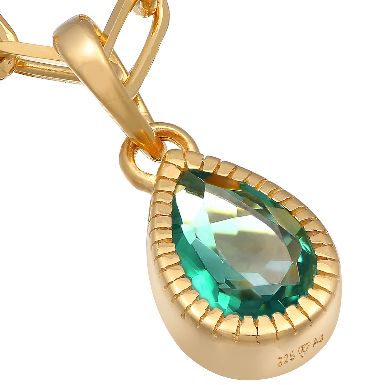Gold - Elli PREMIUM | Glieder-Halskette Tropfen | Quarz (Grün) | 925er Sterling Silber vergoldet