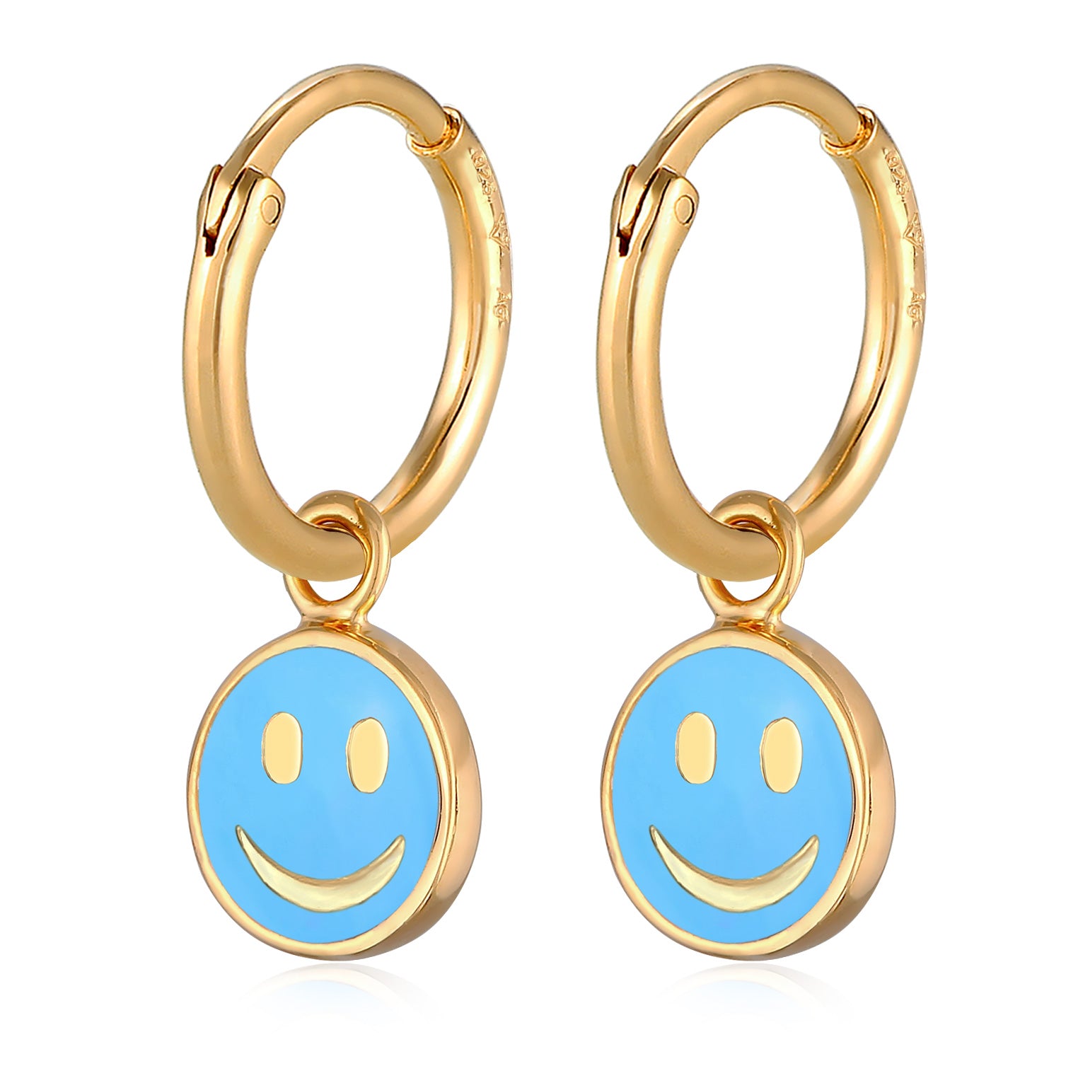 Blau - Elli | Creolen mit Smiling Face Anhänger | Emaille (Blau) |925er Sterling Silber Vergoldet