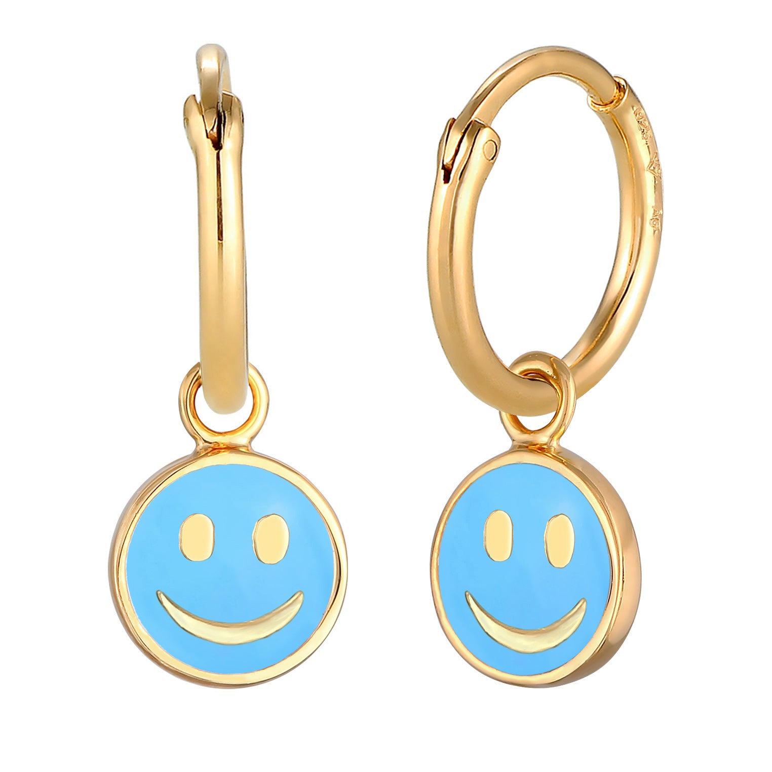 Blau - Elli | Creolen mit Smiling Face Anhänger | Emaille (Blau) |925er Sterling Silber Vergoldet