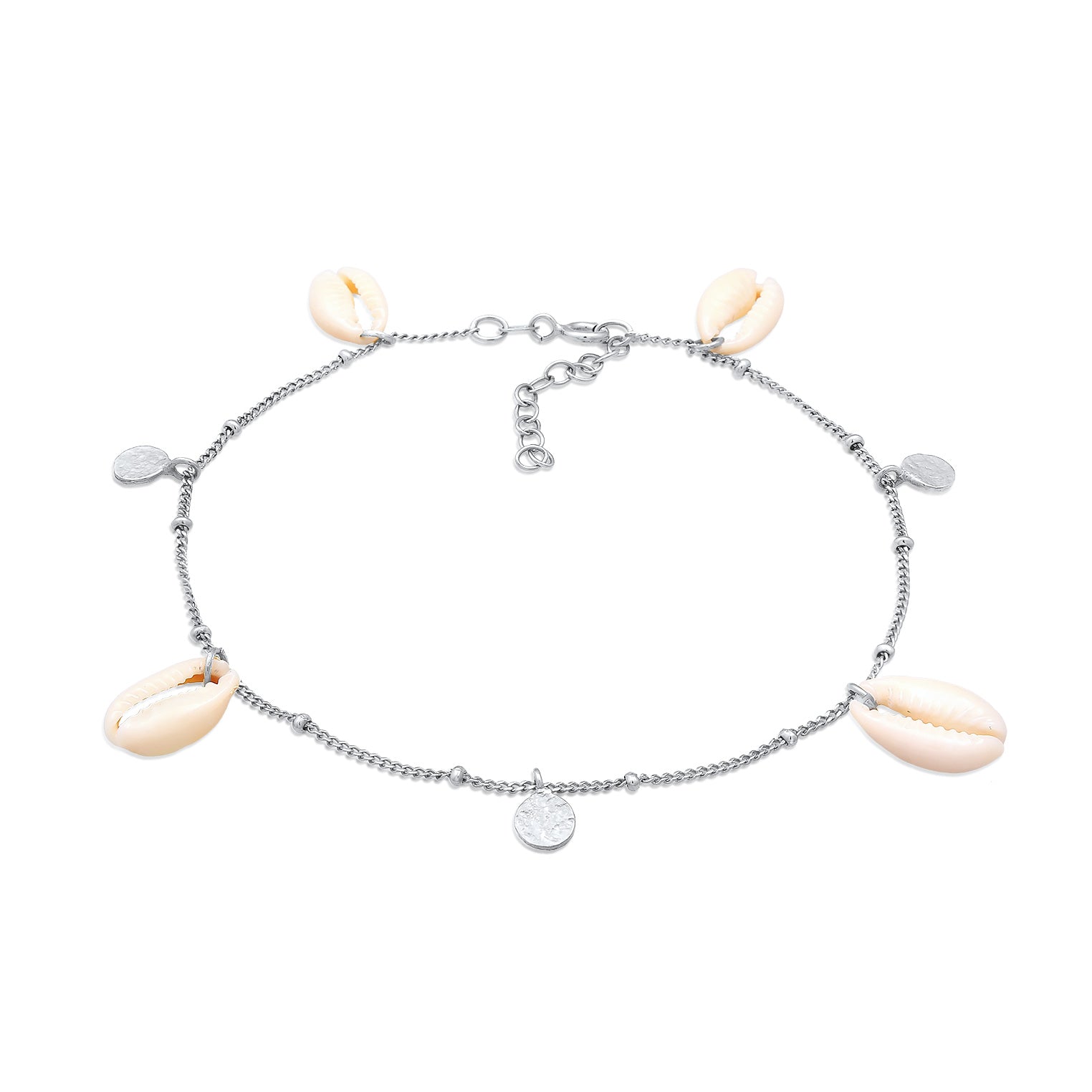 Silber - Elli | Fußkettchen Plättchen | Kauri Muschel | 925er Sterling Silber