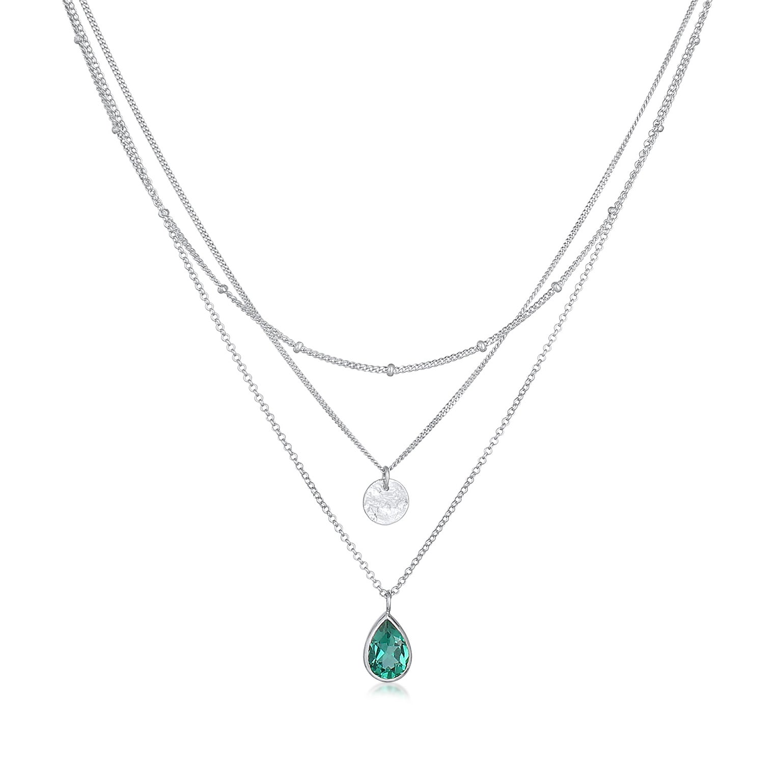 Silber - Elli PREMIUM | Layer-Halskette Plättchen | Quarz (Grün) | 925er Sterling Silber