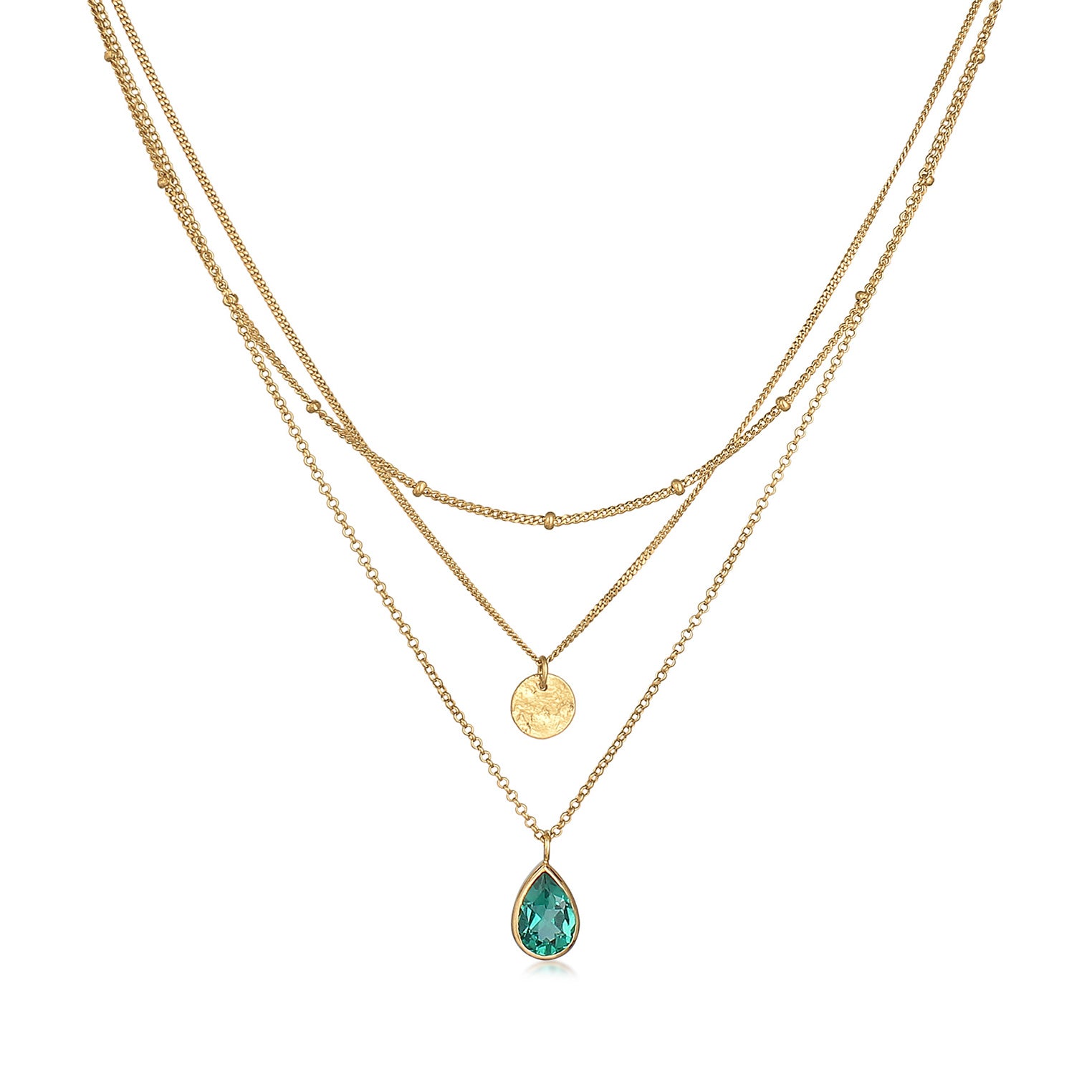 Gold - Elli PREMIUM | Layer-Halskette Plättchen | Quarz (Grün) | 925er Sterling Silber