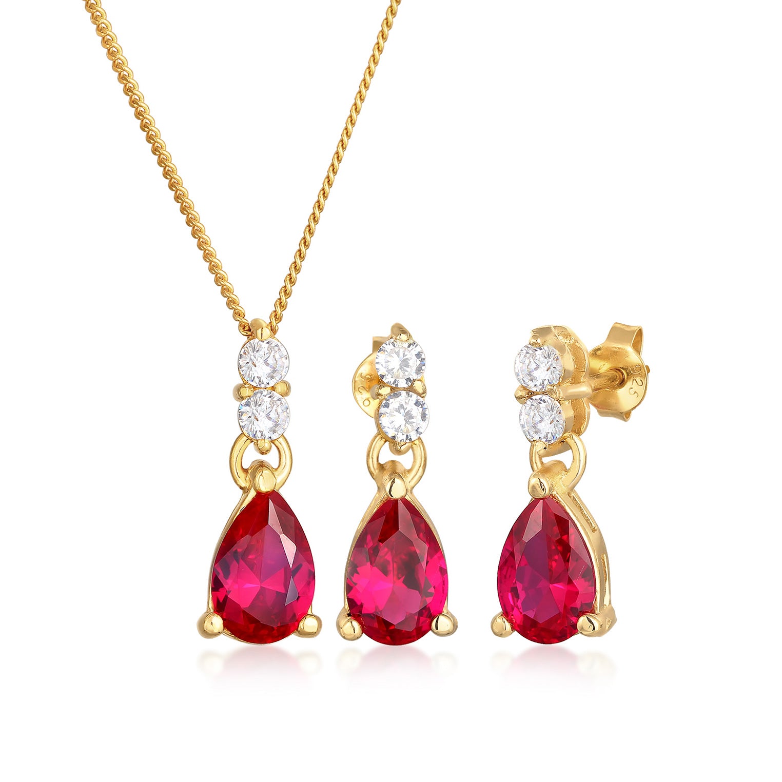 Gold - Elli PREMIUM | Schmuckset Tropfen | Zirkonia, Synth. Rubin (Rot) | 925er Sterling Silber vergoldet