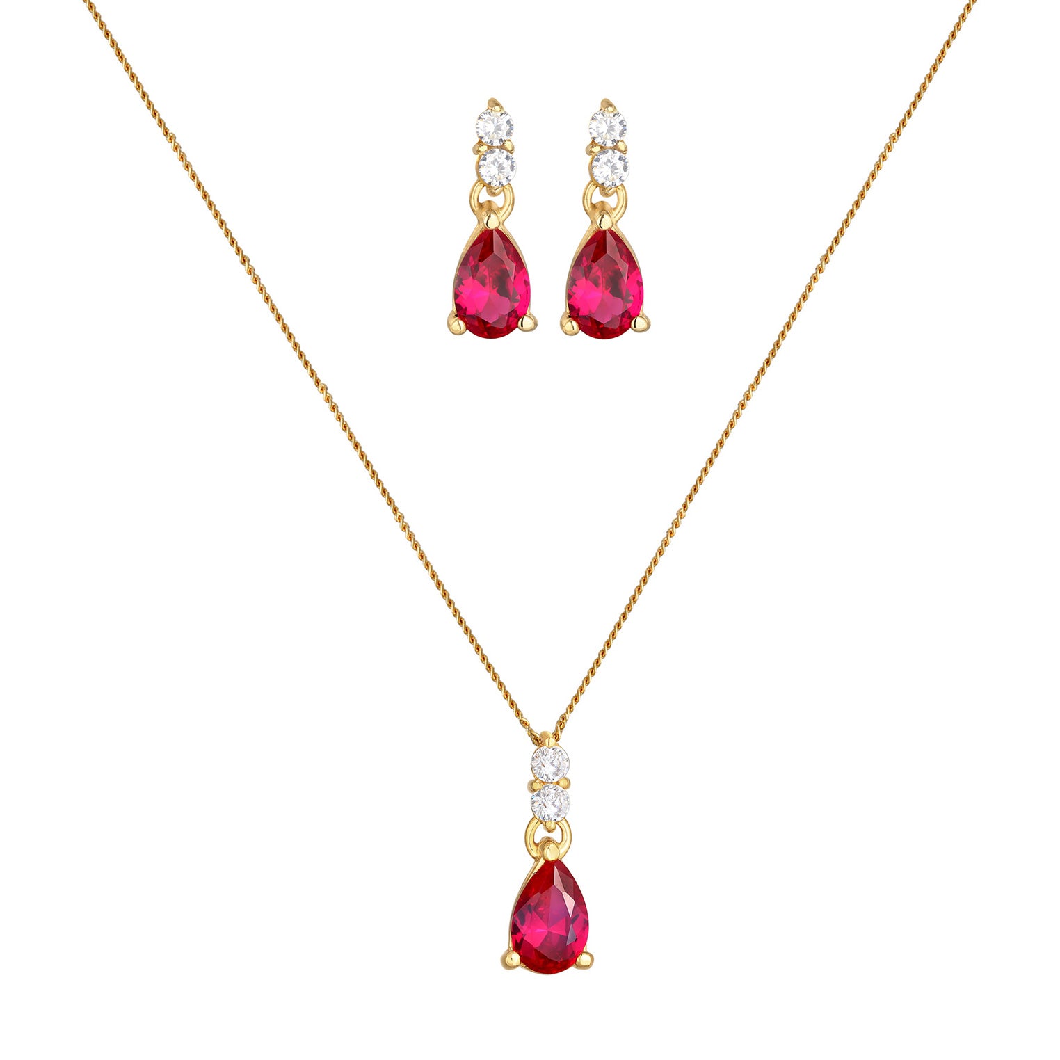 Gold - Elli PREMIUM | Schmuckset Tropfen | Zirkonia, Synth. Rubin (Rot) | 925er Sterling Silber vergoldet