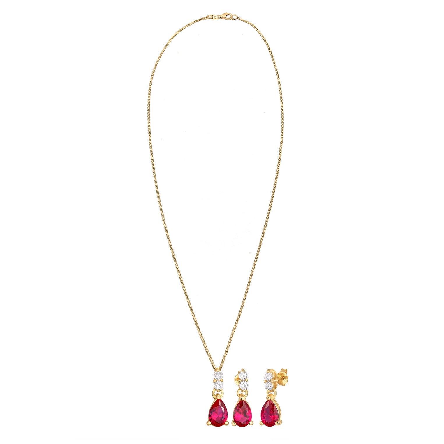 Gold - Elli PREMIUM | Schmuckset Tropfen | Zirkonia, Synth. Rubin (Rot) | 925er Sterling Silber vergoldet