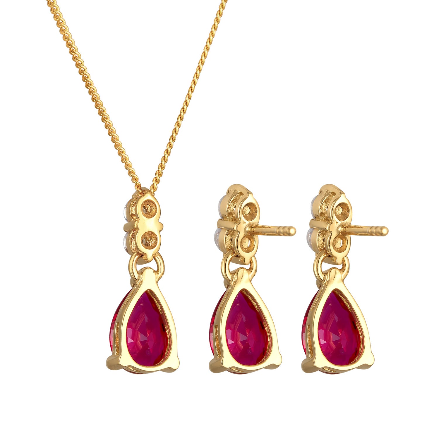Gold - Elli PREMIUM | Schmuckset Tropfen | Zirkonia, Synth. Rubin (Rot) | 925er Sterling Silber vergoldet