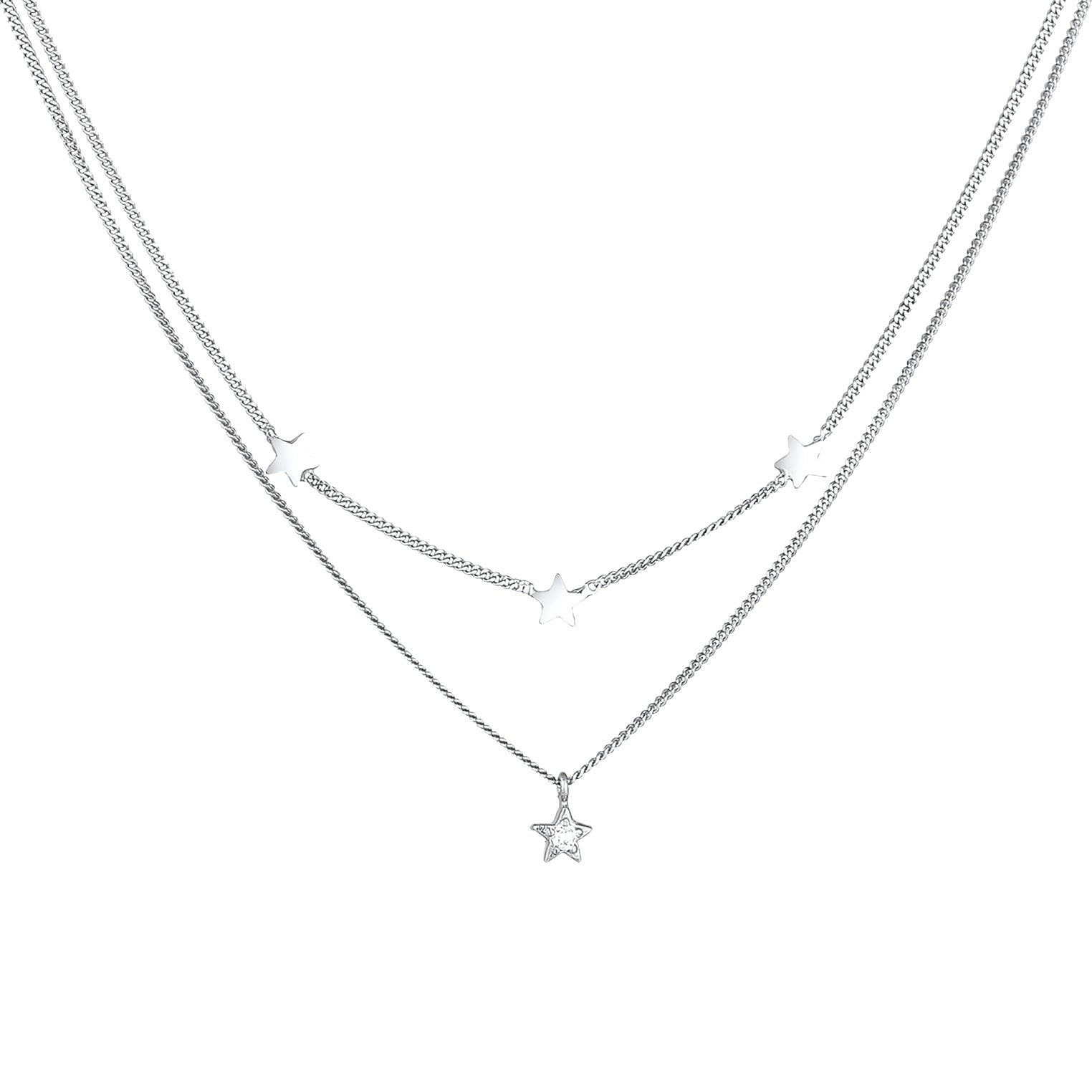 Silber - Elli | Layer-Halskette Stern | Mit Kristallen von Swarovski® (Weiß) | 925er Sterling Silber