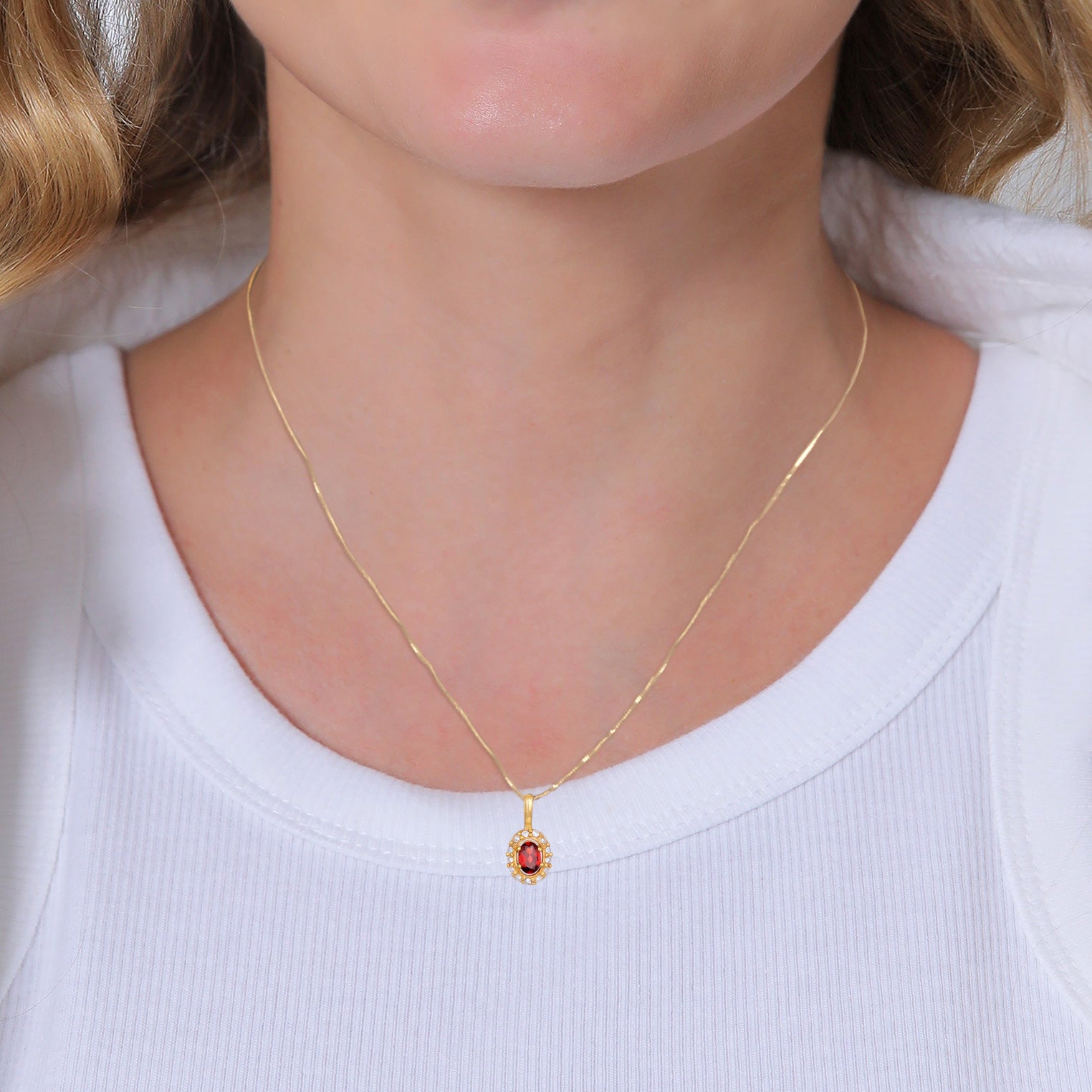 Gold - Elli PREMIUM | Halskette Oval | Topas (Rot) | 585er Gelbgold