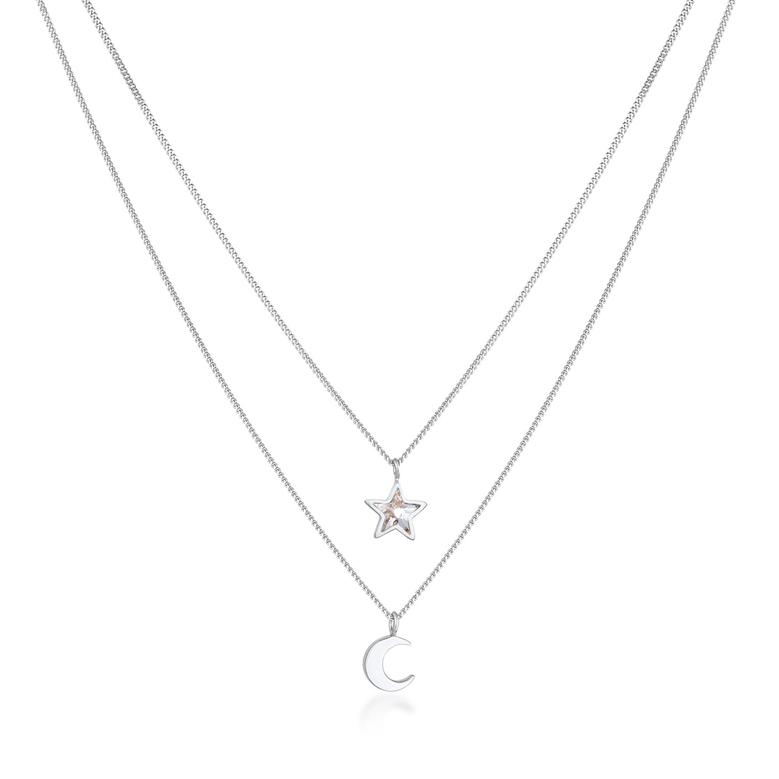 Silber - Elli | Layer-Halskette Stern Halbmond | Kristall (Weiß) | 925er Sterling Silber