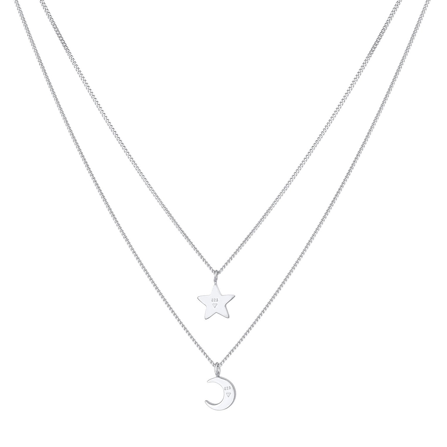 Silber - Elli | Layer-Halskette Stern Halbmond | Kristall (Weiß) | 925er Sterling Silber