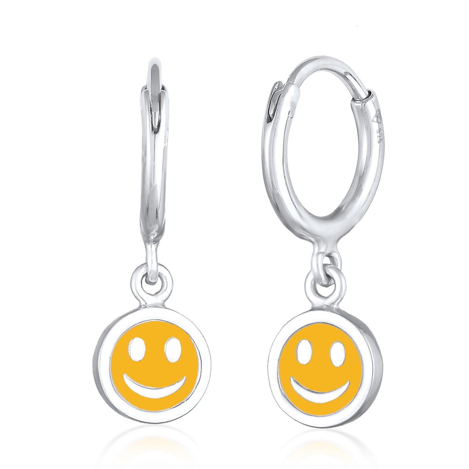 Silber - Elli | Creolen mit Smiling Face Anhänger | Emaille (Orange) | 925er Sterling Silber