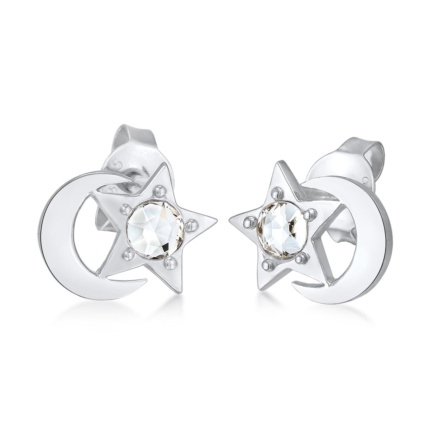 Silber - Elli | Ohrstecker Halbmond Stern | Kristall (Weiß) | 925er Sterling Silber