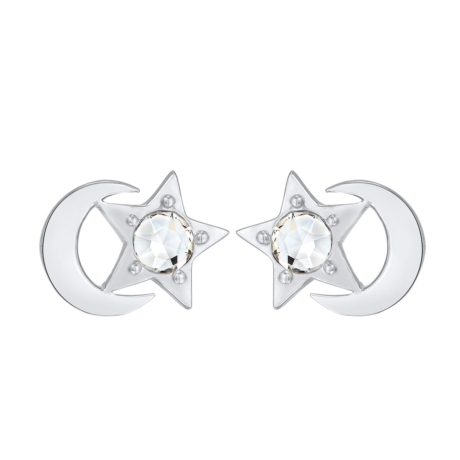 Silber - Elli | Ohrstecker Halbmond Stern | Kristall (Weiß) | 925er Sterling Silber
