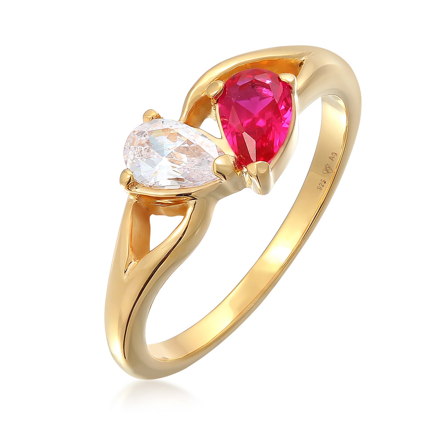 Gold - Elli | Verlobungsring Tropfen | Zirkonia (weiß) & Rubin, synthetisch (Pink) | 925er Sterling Silber vergoldet