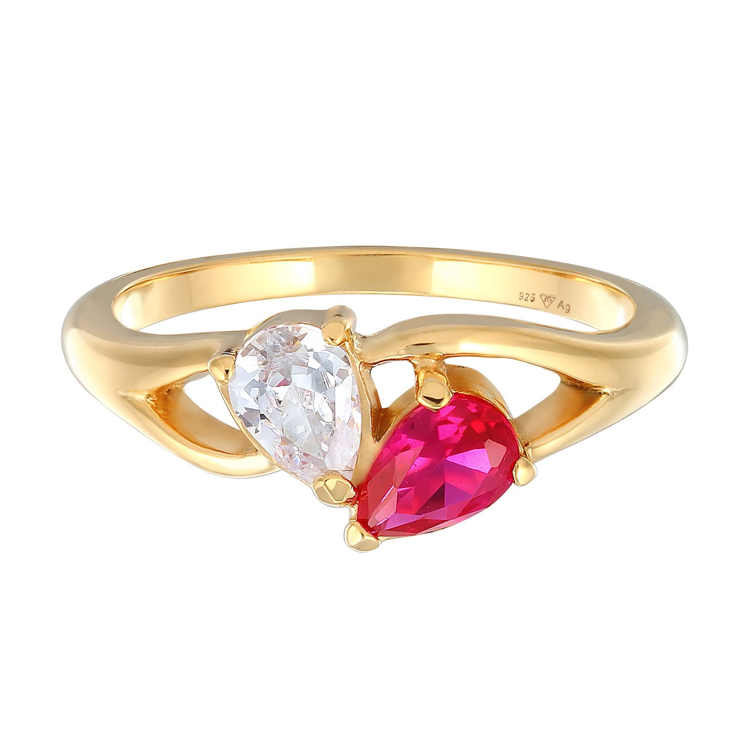 Gold - Elli | Verlobungsring Tropfen | Zirkonia (weiß) & Rubin, synthetisch (Pink) | 925er Sterling Silber vergoldet